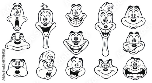 Cartoon Face Expressions Set: Joy, Surprise, Anger, Fun, Playful