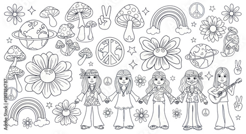 Retro Hippie Art Coloring Page: Peace, Love, Flowers, Mushrooms, Rainbows, Earth, Girls