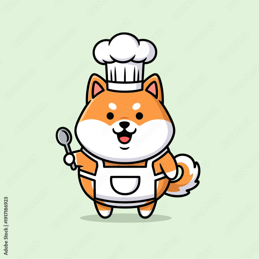 Fototapeta premium Cute Shiba Inu Dog Chef Character Holding Spoon and Wearing Apron.