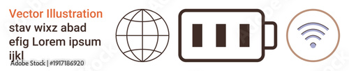 Connectivity, technology, power management, communication, network, global reach. Battery charging icon, globe and wireless signal. Connectivity and technology with minimalist symbols