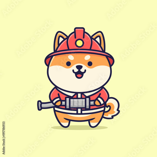 Cute Shiba Inu Firefighter Cartoon Illustration.