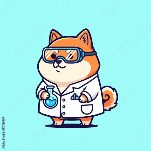Cute Shiba Inu Dog Scientist Cartoon Illustration.