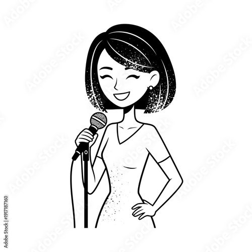 Woman singing into microphone, hand on hip, smiling, black and white illustration