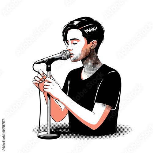 Young man singing into microphone on stage, expressive face, illustration