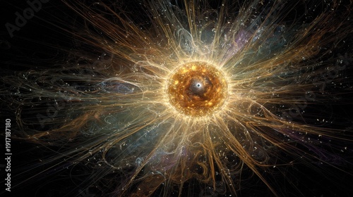 Mesmerizing Abstract Cosmic Explosion with Radiant Golden Sphere Surrounded by Ethereal Light and Gentle Swirls of Color in a Dark Universe