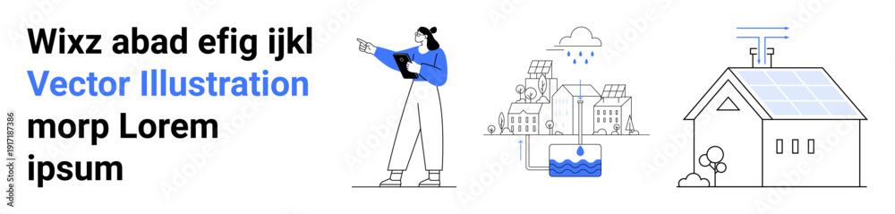Fototapeta premium Woman with tablet gestures toward residential area, solar-paneled home, and water storage system. Ideal for sustainability, renewable energy, eco-living, environmental design, clean energy