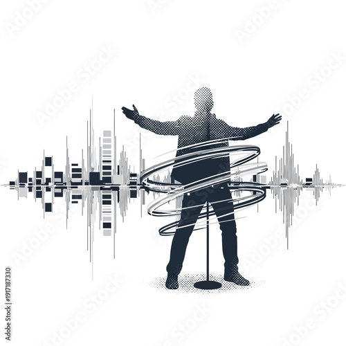 Performer silhouette with sound wave and city skyline overlay