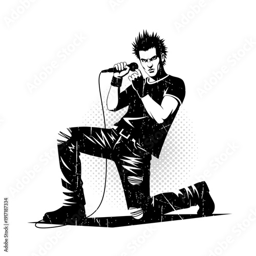 Punk Rock Singer Performing on Stage, Kneeling with Microphone