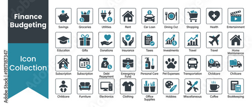Set of 32 Finance Budgeting Icons for Personal Expense Tracking, Savings Goals, and Financial Planning. Flat Design Vector Icons for Groceries, Rent, Taxes, Insurance, and Debt Management.