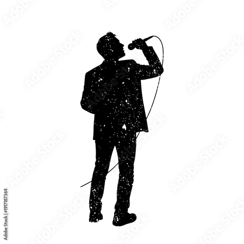 Silhouette of a man singing into a microphone with a vintage texture