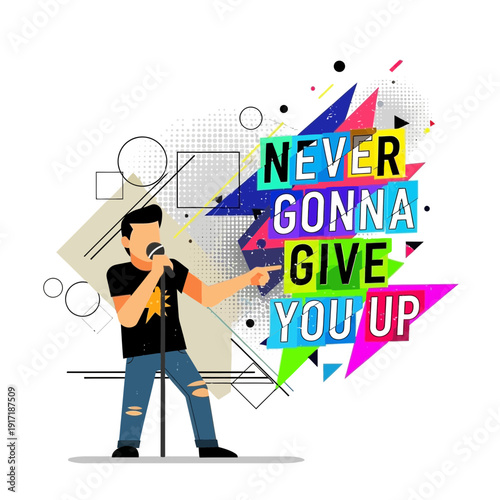 Singer performing, pointing, with "Never Gonna Give You Up" text