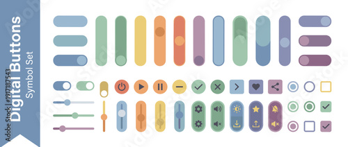 Vector Icon Set of 36 Digital Buttons, Toggles, and Sliders in Flat Design with a Muted Editorial Palette for UI UX Web and App Interface Design, Including Power, Play, Volume, and Settings