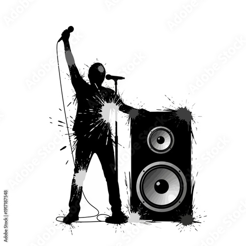 Singer silhouette with microphone and speaker, splash effect