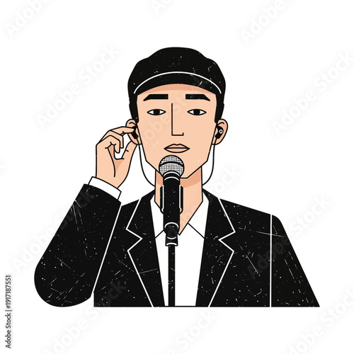 Singer wearing earbuds and holding microphone, isolated on white background.