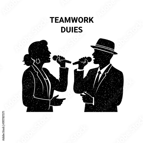 Teamwork duties silhouette of two people singing into microphones