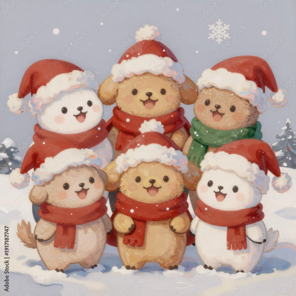 Fototapeta premium oil painting, a festive winter scene featuring adorable cartoon animals wearing santa hats and scarves