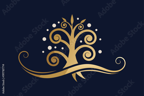 Elegant gold and navy card with a chic tree illustration and snow swirls, ideal for sophisticated holiday messages.