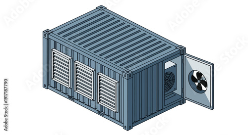 Industrial Shipping Container Unit with Ventilation and Fan.