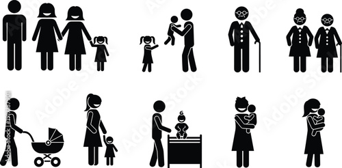 Family generation silhouette icons set parents children baby grandparents motherhood fatherhood parenting love care people vector illustration collection bundle