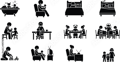 Family daily routine icon set, parenting childcare home activity silhouettes vector illustration isolated lifestyle care relationship concept design pack