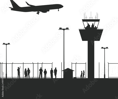 Airplane landing with people watching from observation deck