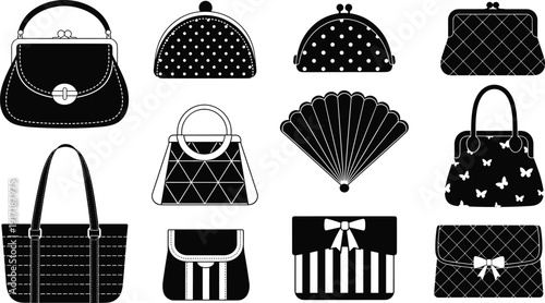 Fashion handbag silhouette icon collection, women purse and clutch vector set, stylish accessories design, black white illustration bundle isolated
