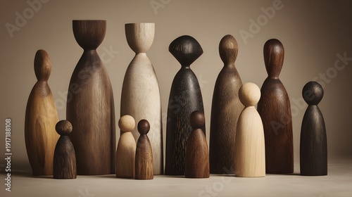 Diverse Wooden Figurines Representing Family and Community.