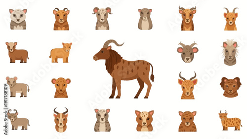 Collection of Domesticated and Wild Animals Portrayed in a Colorful Cartoon Style