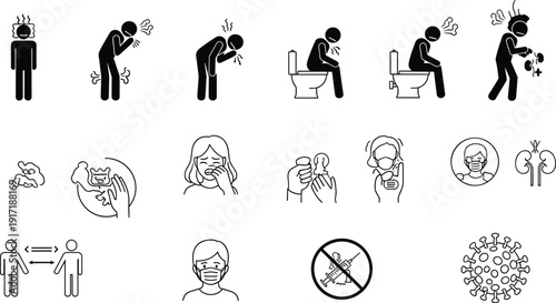 Flu symptoms and hygiene prevention icons set, sickness transmission silhouette collection, healthcare protection pictogram bundle, virus awareness medical vector illustration