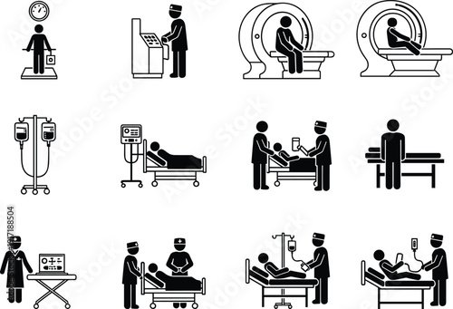 Hospital medical procedure silhouettes set, MRI scan patient treatment icons, healthcare diagnostic equipment, doctor nurse emergency black vector illustration collection pack