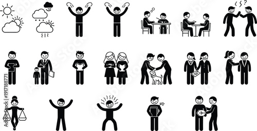 Human interaction icon set, communication behavior silhouettes collection, social situation pictogram bundle, teamwork conflict discussion agreement emotion vector illustration design