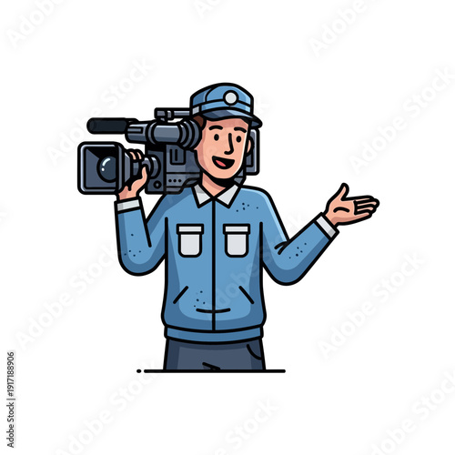 Videographer holding professional camera, broadcasting, making film