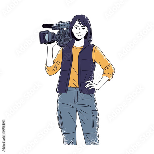 Woman videographer holding professional video camera