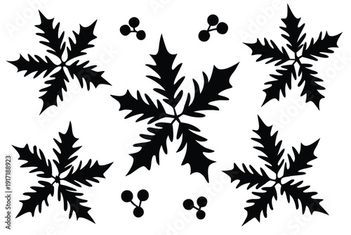 Elegant monochrome pattern of mistletoe and fir leaves, a sophisticated design for winter and holiday themes.