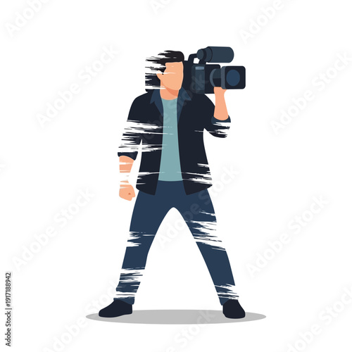 Cameraman holding professional video camera, creative brush stroke effect