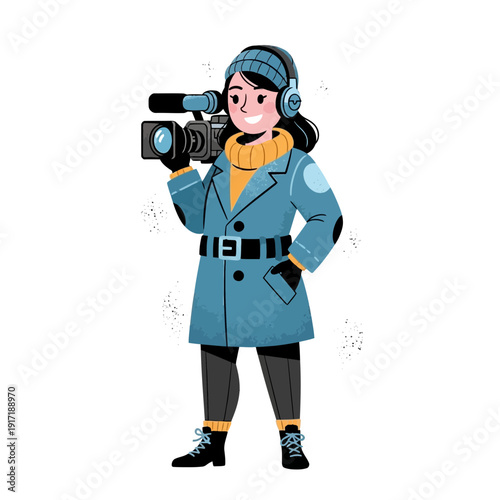 Female videographer with camera and headphones in winter coat, illustration