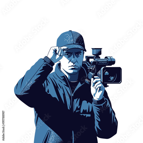 Filmmaker Adjusting Cap Holding Professional Video Camera