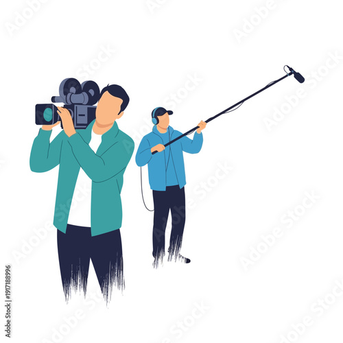 Filmmaker and sound engineer on white background