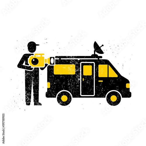 Filmmaker with camera and news van