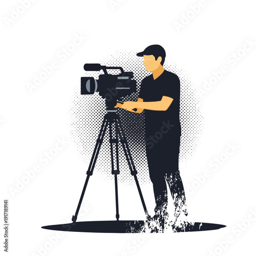 Filmmaker with camera on tripod, abstract background