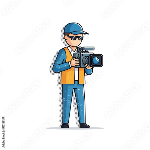 Filmmaker with professional video camera, wearing cap and sunglasses