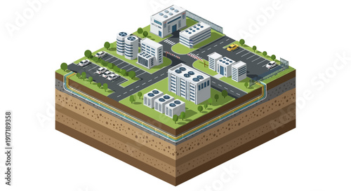 Isometric City Block with Modern Buildings and Roads.
