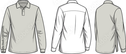 Long Sleeve Polo Shirt Technical Drawing Template with Front Back and Side Views, Apparel Mockup Outline for Fashion Design, Clothing Manufacturing and Textile Branding