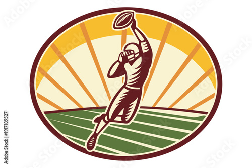 American football player leaping to catch a spiral pass on a stylized field with sunburst background.