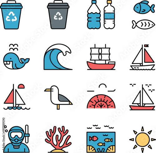 Marine ecology and ocean life icon set with recycling bins, plastic bottles, fish, waves, boats, coral reef, diver and sun vector illustration