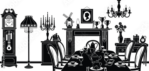 Classic vintage dining room interior silhouette, antique furniture fireplace chandelier grandfather clock elegant table setting black vector illustration design scene