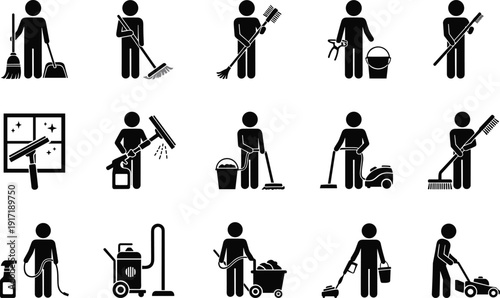 Cleaning service and janitor icon set, housekeeping maintenance worker silhouettes vector illustration isolated sanitation equipment concept design pack