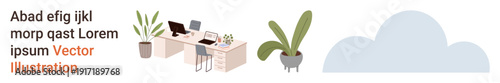 Office productivity, remote work ideas, workplace design, creative workspace, interior decor, minimalism concept. Two computer desks and green plants. Office productivity and remote work ideas