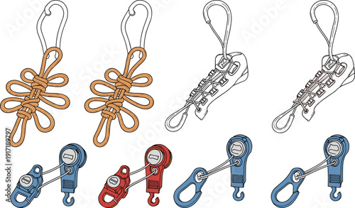 Climbing carabiner knot and pulley icon set, rope safety gear vector illustration isolated mountaineering equipment technical design pack