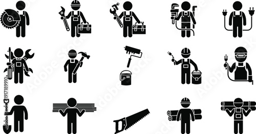 Construction worker and handyman icon set, repair tools builder electrician plumber silhouettes vector illustration isolated maintenance service concept design pack